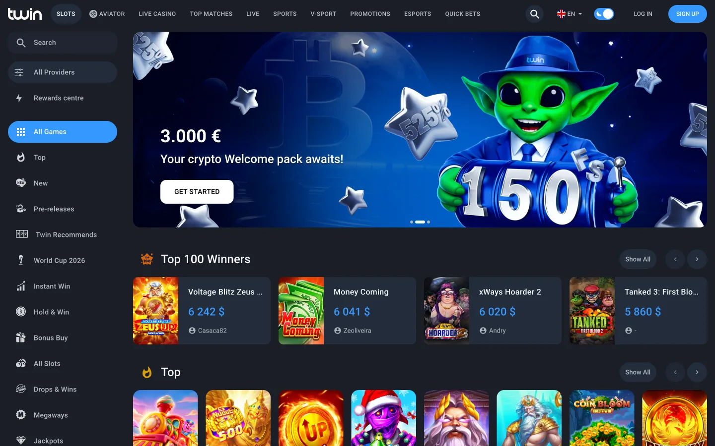 English Twin home interface with navigation, promotional artwork and game rows